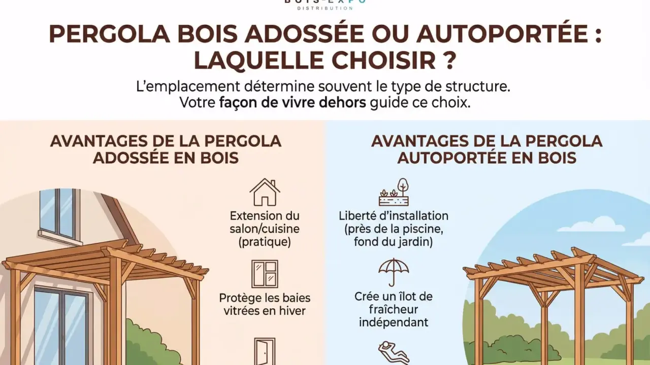 Illustration comparant les avantages d'une pergola bois adossée à une maison et d'une pergola bois autoportée dans le jardin.