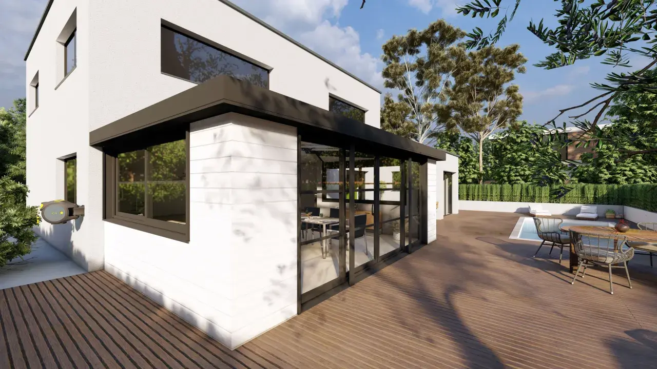 Vue extérieure d'une maison moderne avec un agrandissement veranda avec étage, terrasse en bois, piscine et jardin luxuriant.