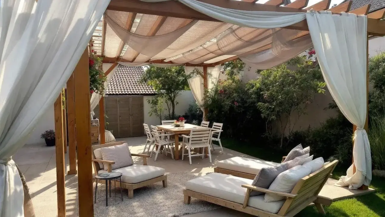 Une belle idée pergola jardin avec salon de jardin, chaises et table à manger, le tout sous des voilages légers.
