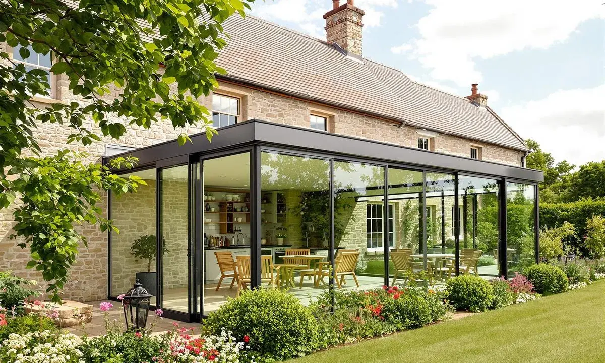 Maison en pierre avec extension moderne, une véranda lumineuse avec cuisine et salle à manger, entourée d'un jardin fleuri.