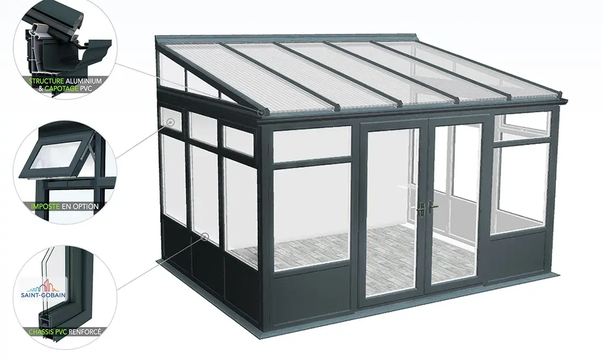 A modern conservatory with a grey aluminium structure and a dark grey muret soubassement. The roof is made of translucent panels.