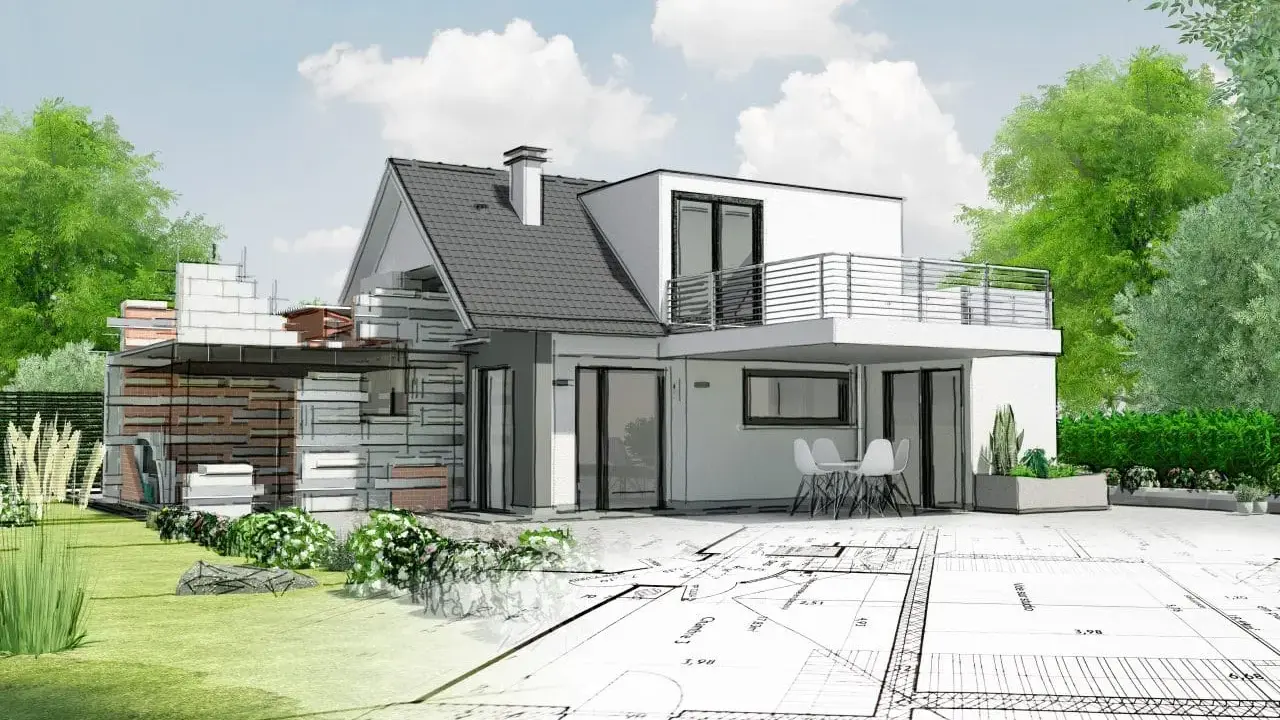 Vue d'une maison en cours d'agrandissement, mêlant esquisse et rendu 3D. Le projet d'extension maison ancienne prend forme sur des plans architecturaux.