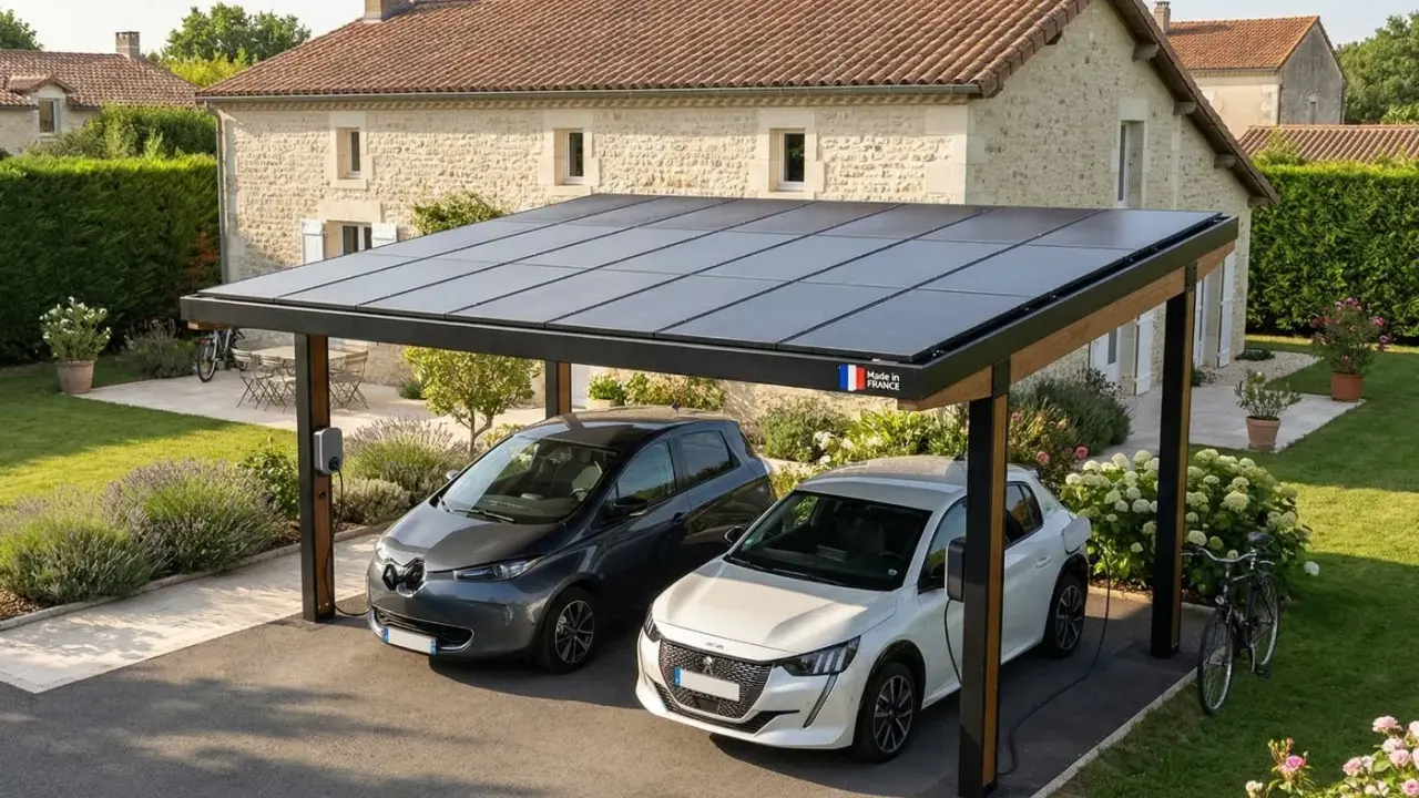 Carport sans emprise au sol avec panneaux solaires, abritant deux voitures électriques en charge dans un jardin fleuri.