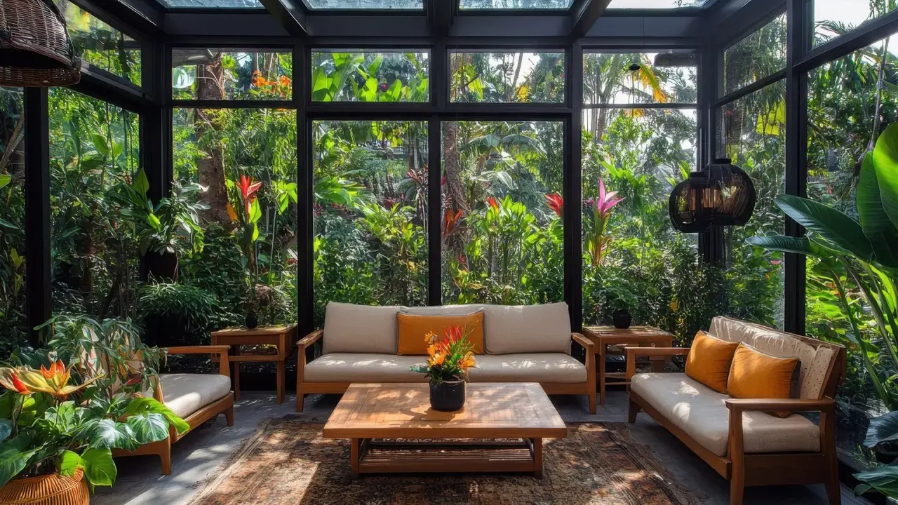 Un salon confortable dans un jardin d'hiver ancien, entouré d'une végétation luxuriante et de fleurs tropicales.