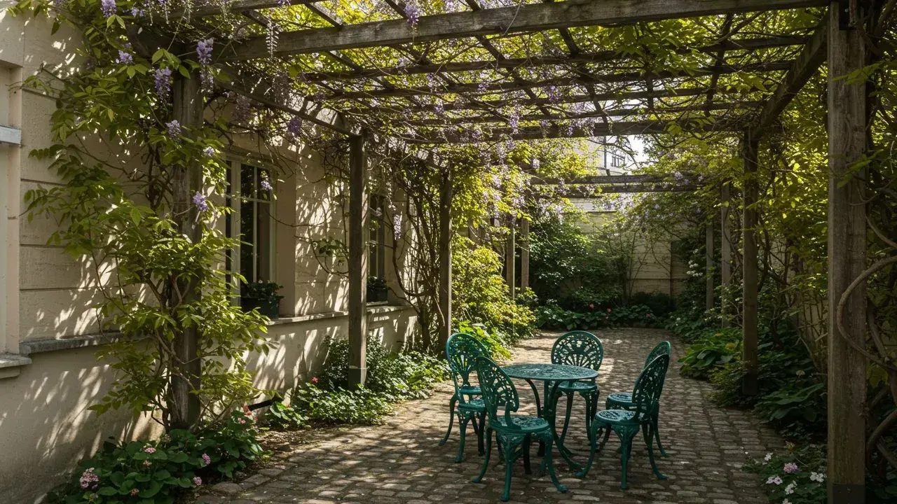 Un charmant modèle de pergola pour terrasse, envahi par la glycine, abrite une table et quatre chaises en fer forgé.