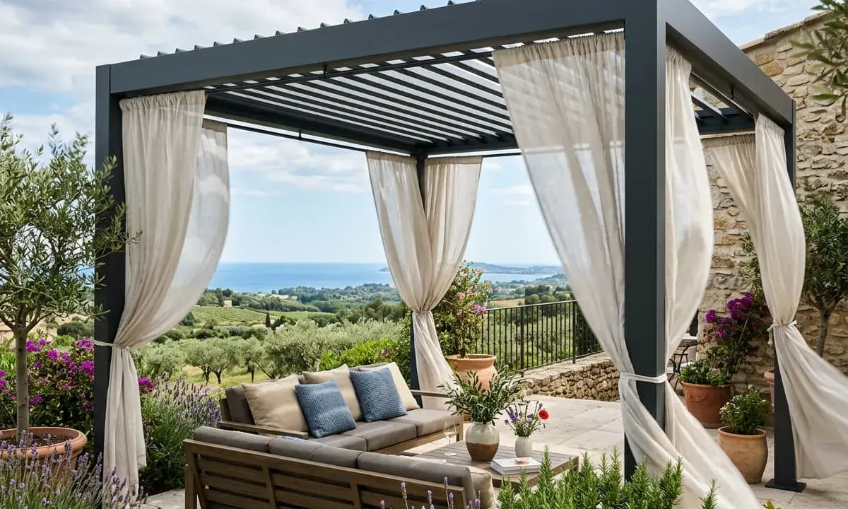 Un salon extérieur confortable sous une pergola moderne, offrant une vue imprenable sur la mer. Ces vérandas bioclimatiques invitent à la détente.