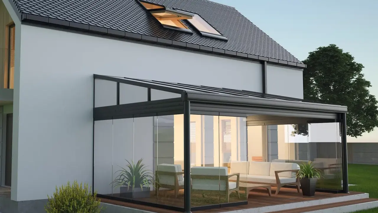 Une élégante veranda hexagonale en verre et métal, avec un salon confortable, s'intègre parfaitement à une maison moderne.