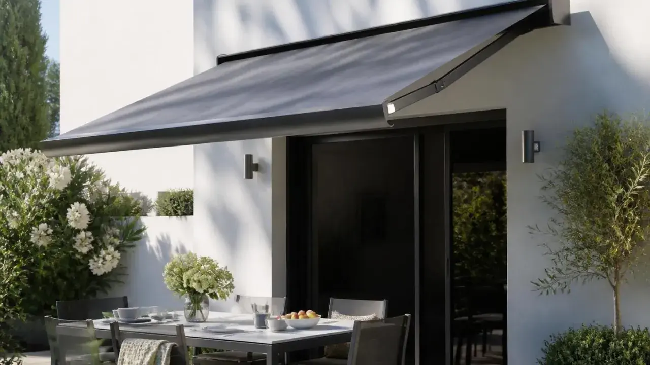 Store banne gris protégeant une terrasse aménagée, créant un espace convivial à distance des voisins.