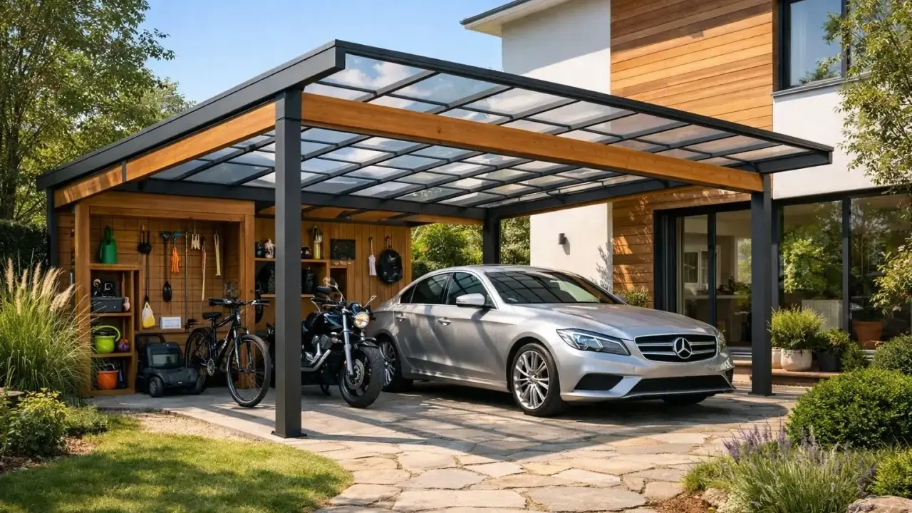 Carport moderne avec toit vitré, abritant une voiture argentée, une moto et un vélo.