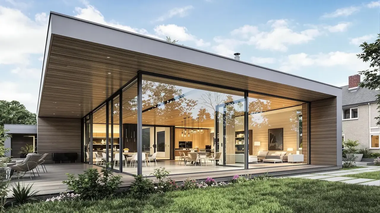 Maison moderne avec une extension sur toit plat existant, offrant de grandes baies vitrées donnant sur un jardin verdoyant.