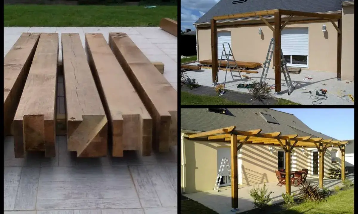 Les poutres de bois sont prêtes à construire une pergola. Les étapes de construction sont visibles, de la pose des poteaux à la structure finie.