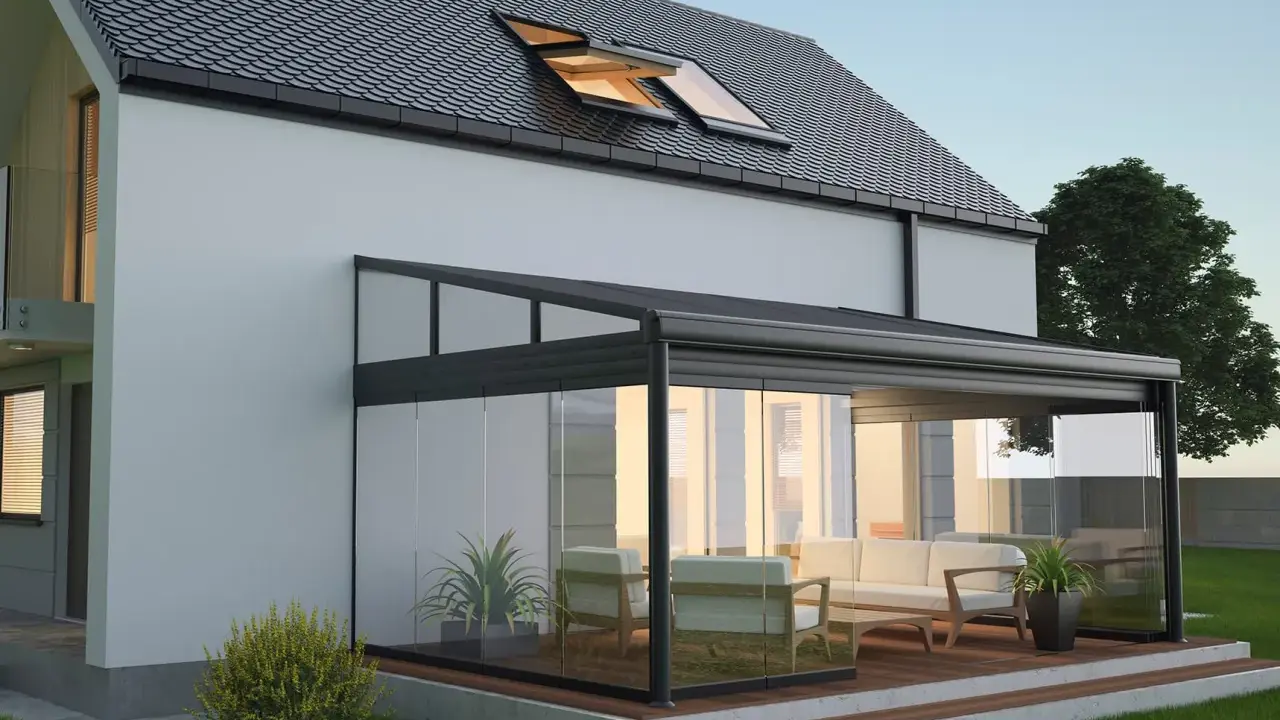 Une élégante veranda sous balcon, avec des meubles confortables et des plantes vertes, invite à la détente dans ce cadre moderne.
