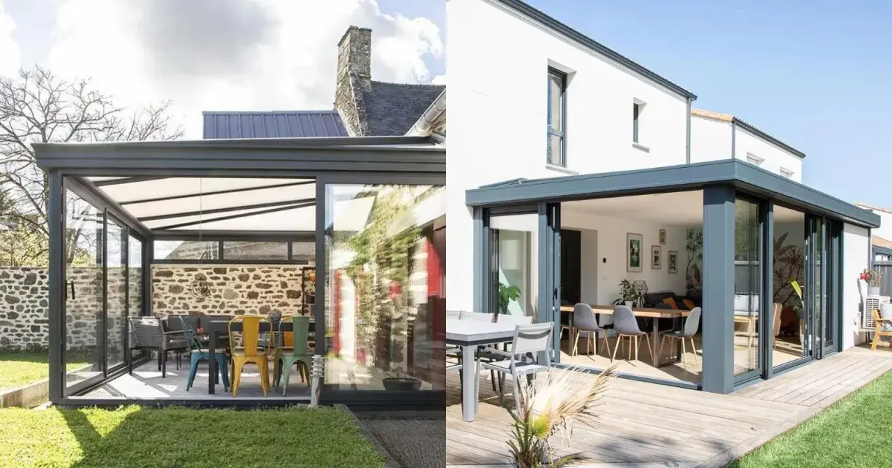 Deux styles de vérandas modernes, idéales pour construire une véranda soi même. L'une avec mur en pierre, l'autre sur terrasse en bois.