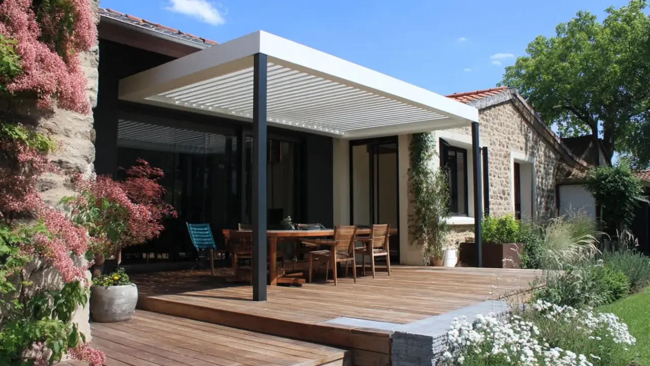 Terrasse en bois sous un toit pergola naturel, avec table et chaises, entourée de végétation luxuriante et d'une maison en pierre.