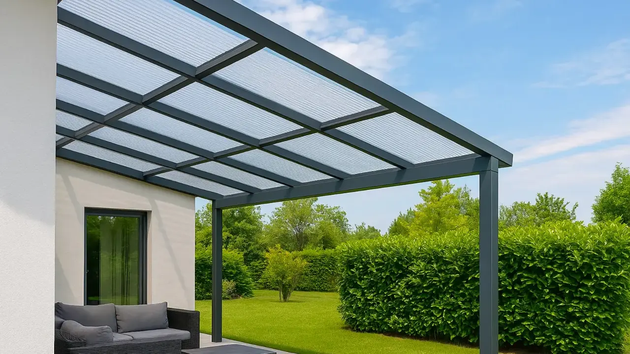 Une pergola moderne avec toit en polycarbonate protège un salon de jardin. Le ciel bleu et la verdure environnante créent un cadre paisible.