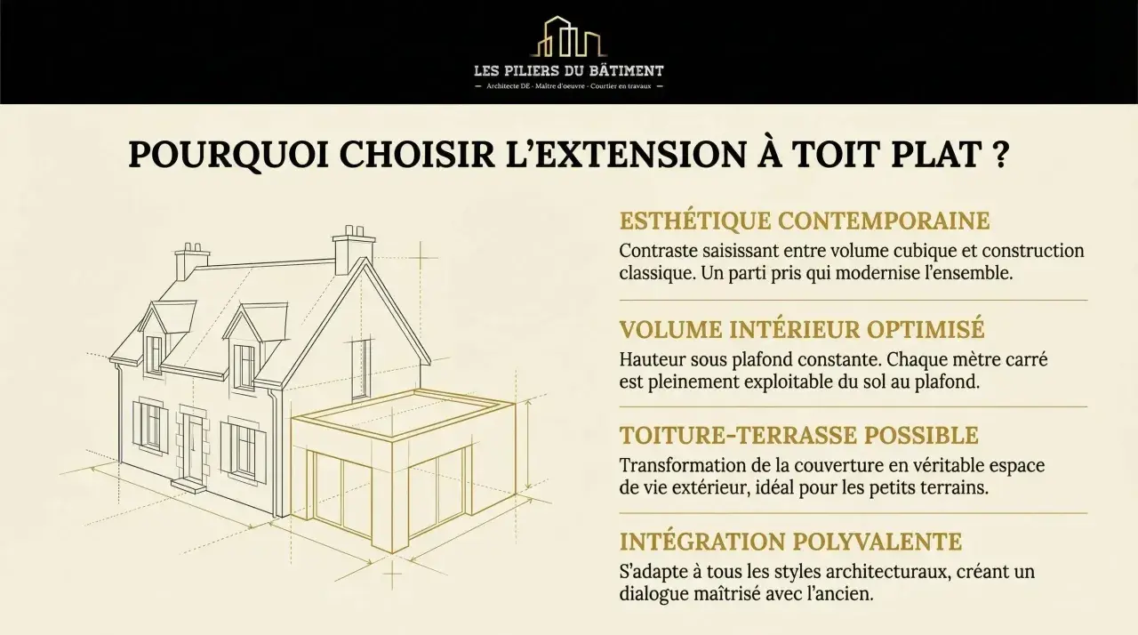 Schéma d'une maison avec une extension vitrée toit plat moderne. L'image met en avant les avantages d'une extension à toit plat.