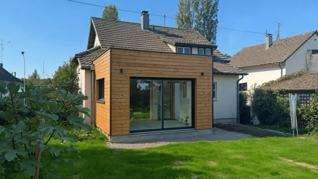 Extension de moins de 20m2 avec permis de construire, ajoutant une pièce lumineuse avec grandes baies vitrées à une maison.
