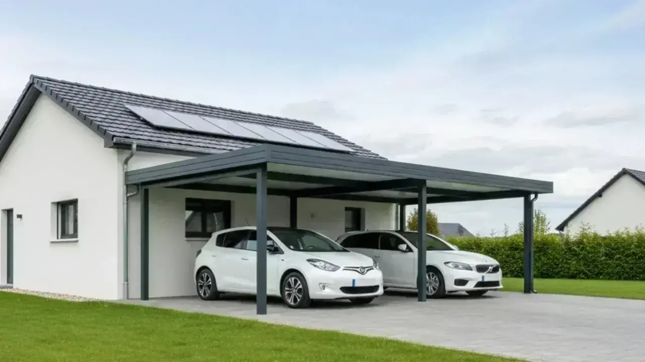 Carport moderne avec deux voitures blanches, panneaux solaires sur le toit. Respect de la réglementation et de la limite de propriété.