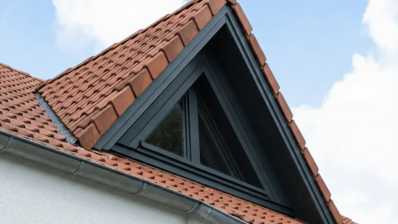 Un puit de lumière triangulaire s'intègre dans un toit en tuiles rouges, sous un ciel bleu et nuageux.