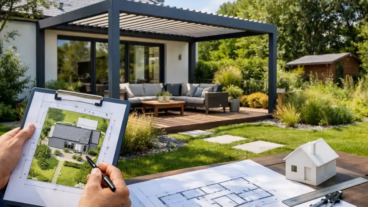 Planification d'une pergola et d'une terrasse. La jurisprudence sur l'emprise au sol est étudiée sur un plan.