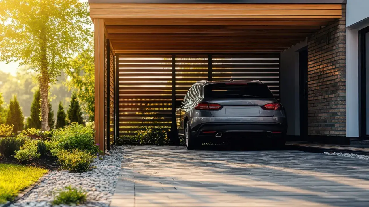 Voiture grise garée sous un carport moderne. Pensez à comment déclarer un carport aux impôts pour optimiser votre situation.