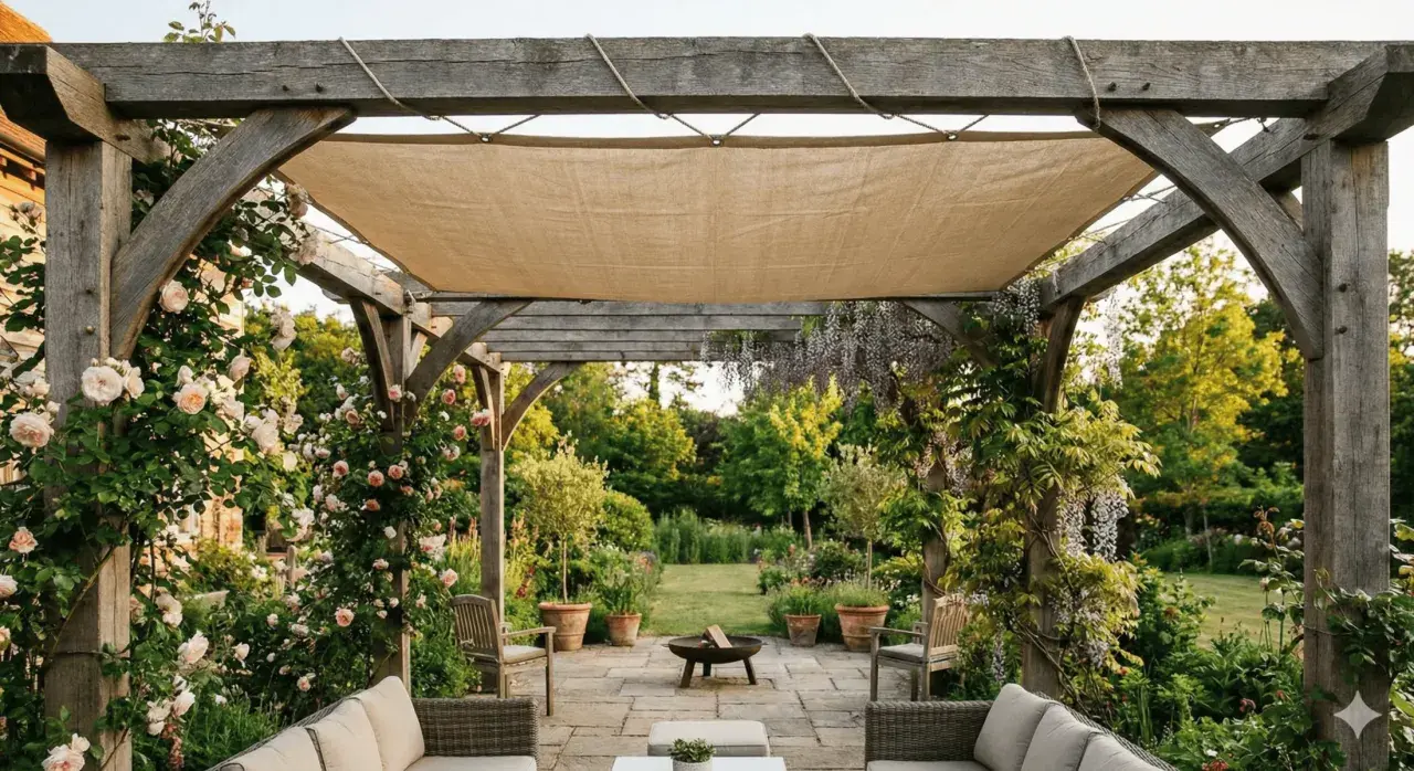 Une toile beige est tendue pour couvrir une tonnelle en bois, offrant un coin ombragé dans un jardin fleuri.