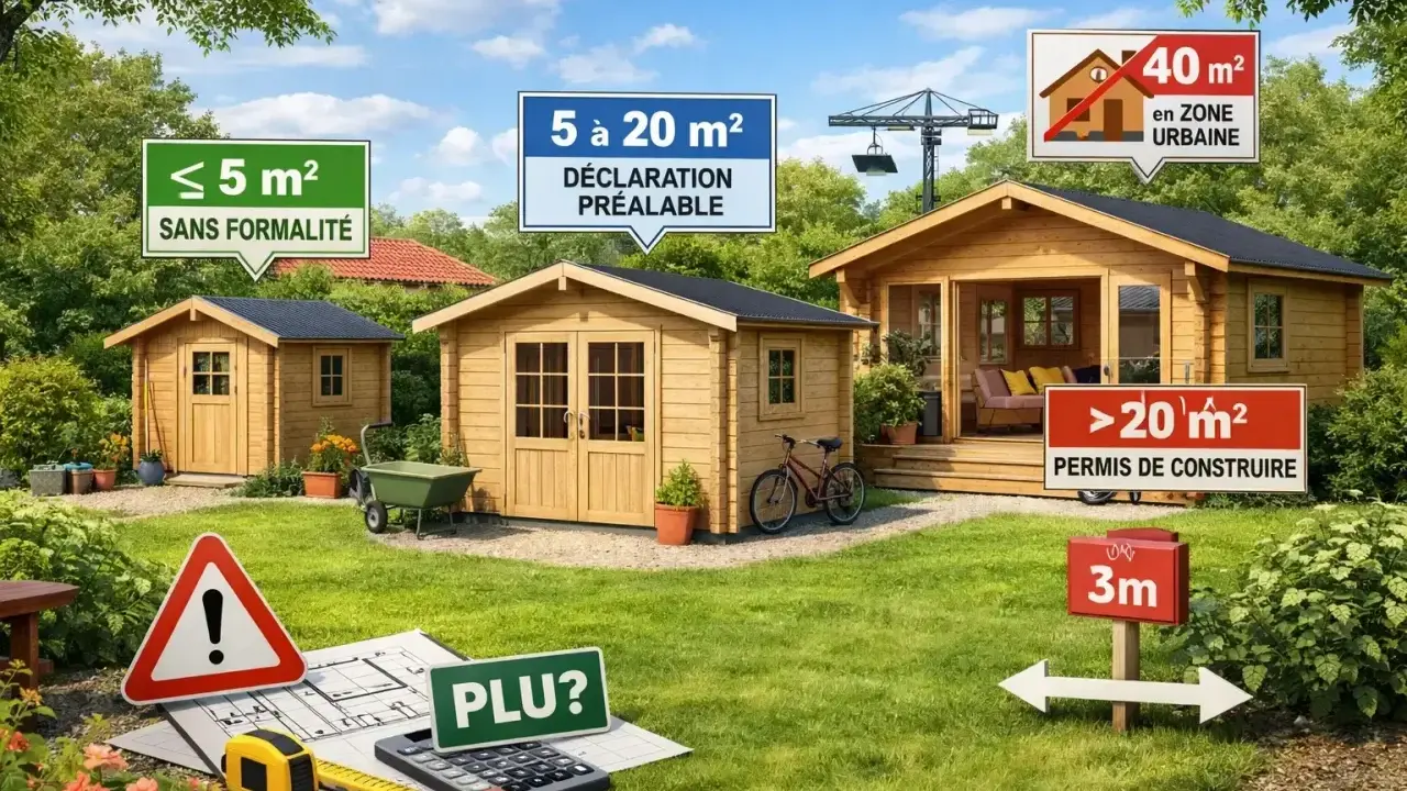 Des abris de jardin en bois de différentes tailles, avec des panneaux indiquant les règles d'urbanisme. Un grand abri nécessite un permis de construire.