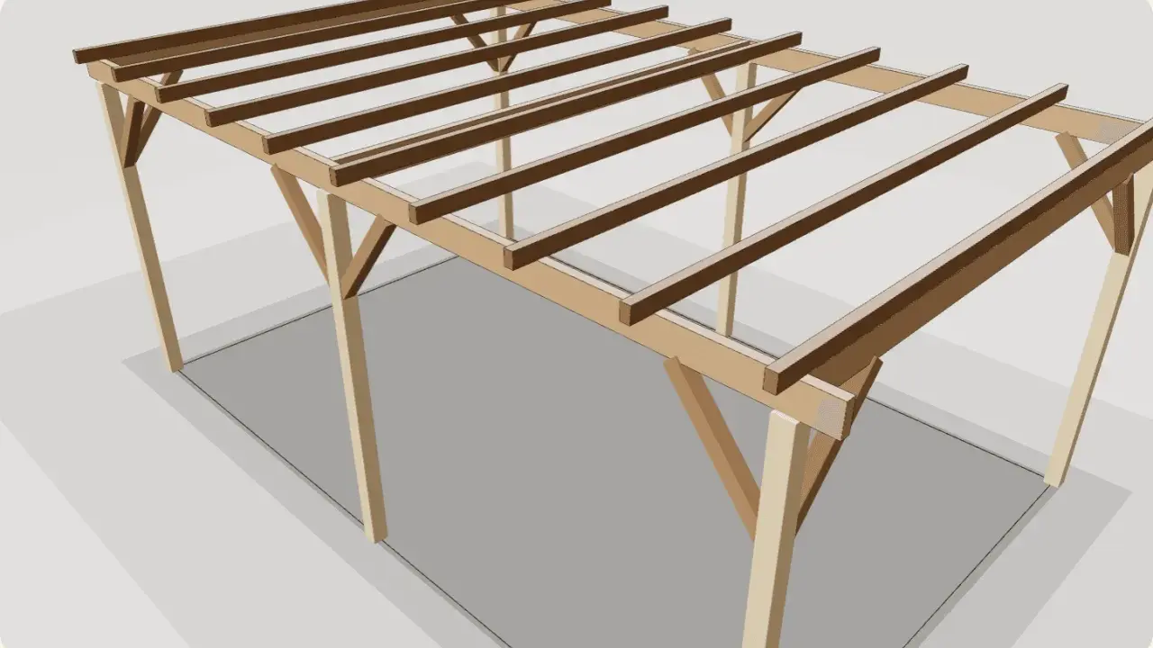 Structure d'une pergola bois fait maison, en cours de construction, avec poteaux et poutres apparents.