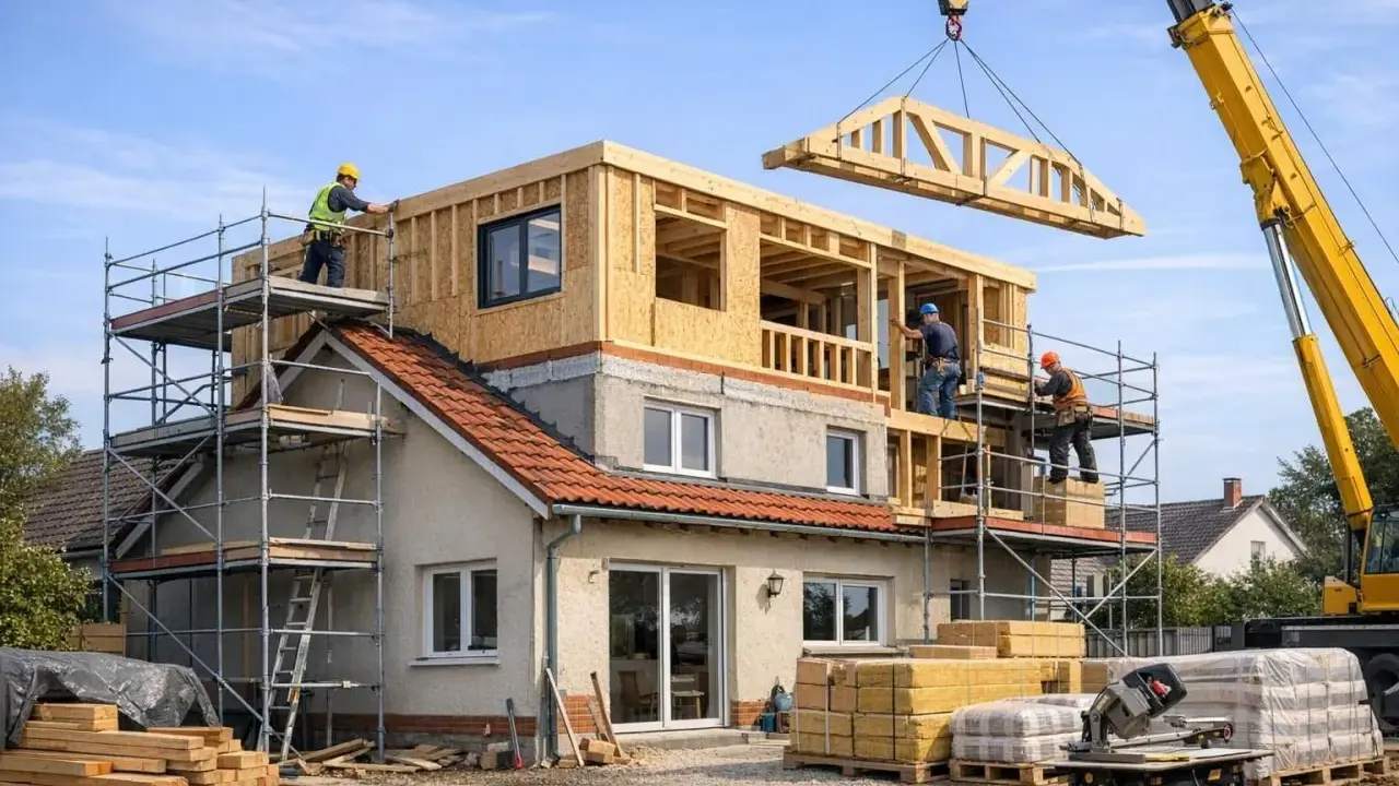 Construction d'une extension maison étage avec une grue qui installe une charpente en bois. Des ouvriers travaillent sur des échafaudages.
