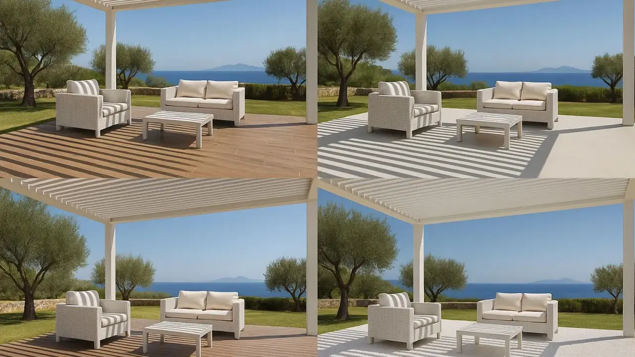 Quatre vues d'une pergola blanche avec salon extérieur, offrant une vue sur la mer. Idéal pour fermer une pergola et profiter de l'extérieur.