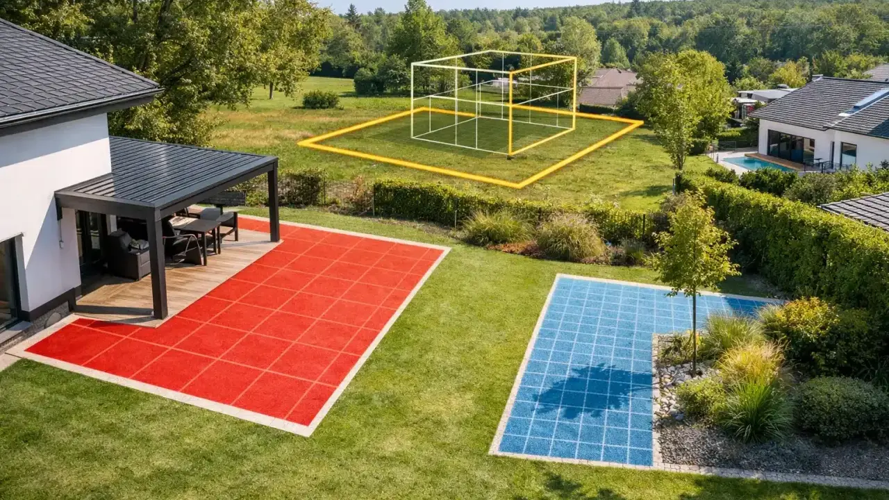 Une pergola sans emprise au sol, avec des zones colorées sur la pelouse, suggère un espace extérieur moderne et personnalisable.