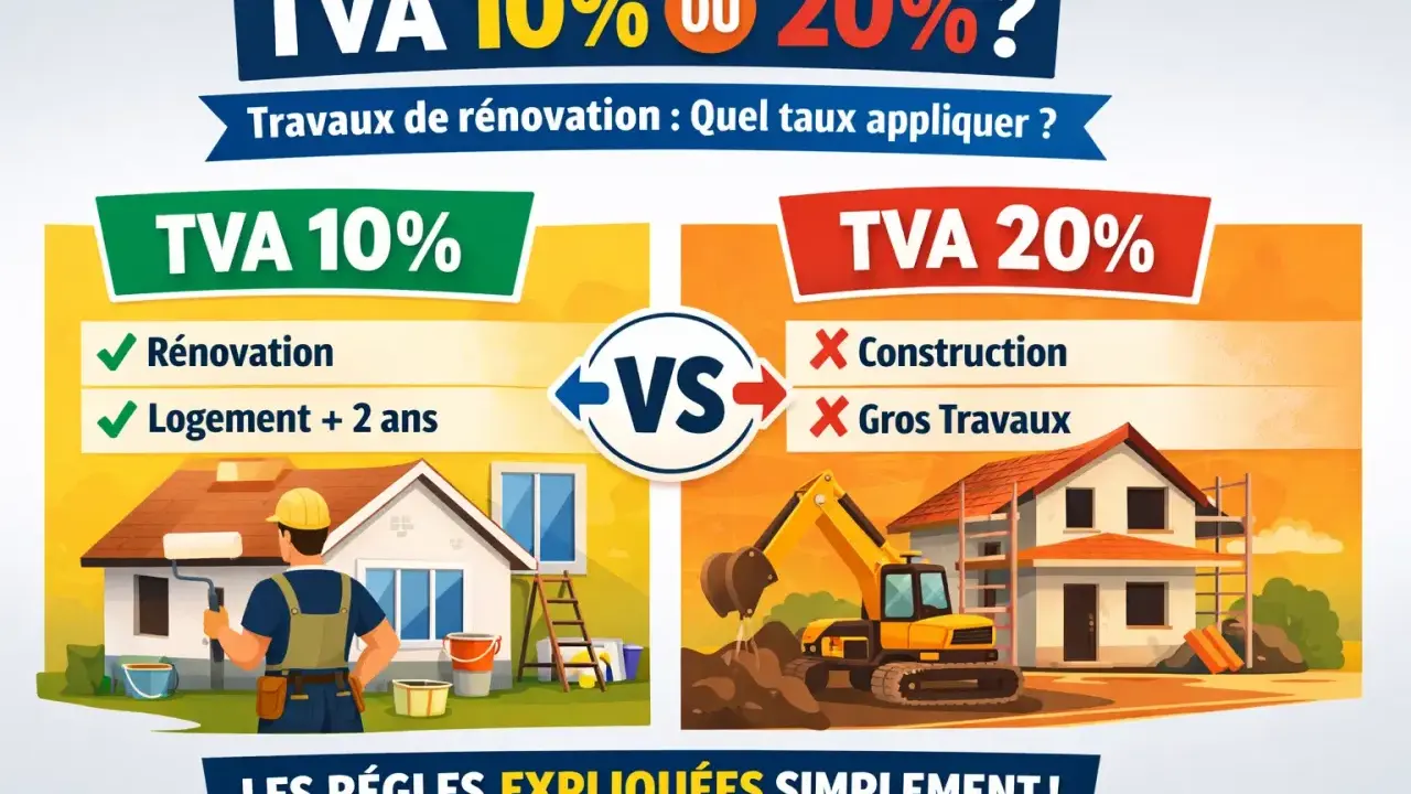 Illustration comparant la TVA 10% pour rénovation (peintre devant une maison) et la TVA 20% pour construction (pelleteuse sur un chantier).