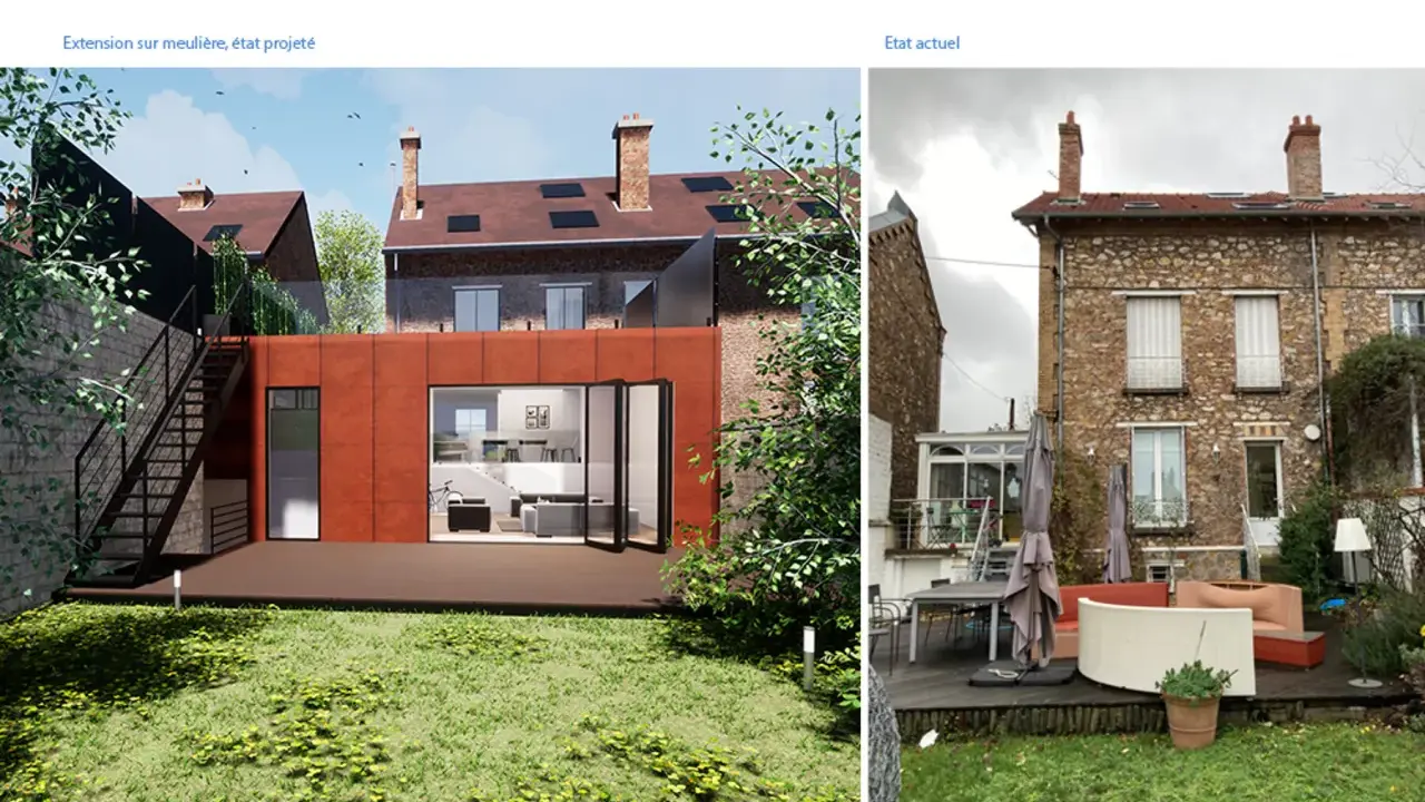 Comparaison avant/après d'une extension maison meulière. Le projet propose une façade moderne en brique rouge et de grandes baies vitrées.