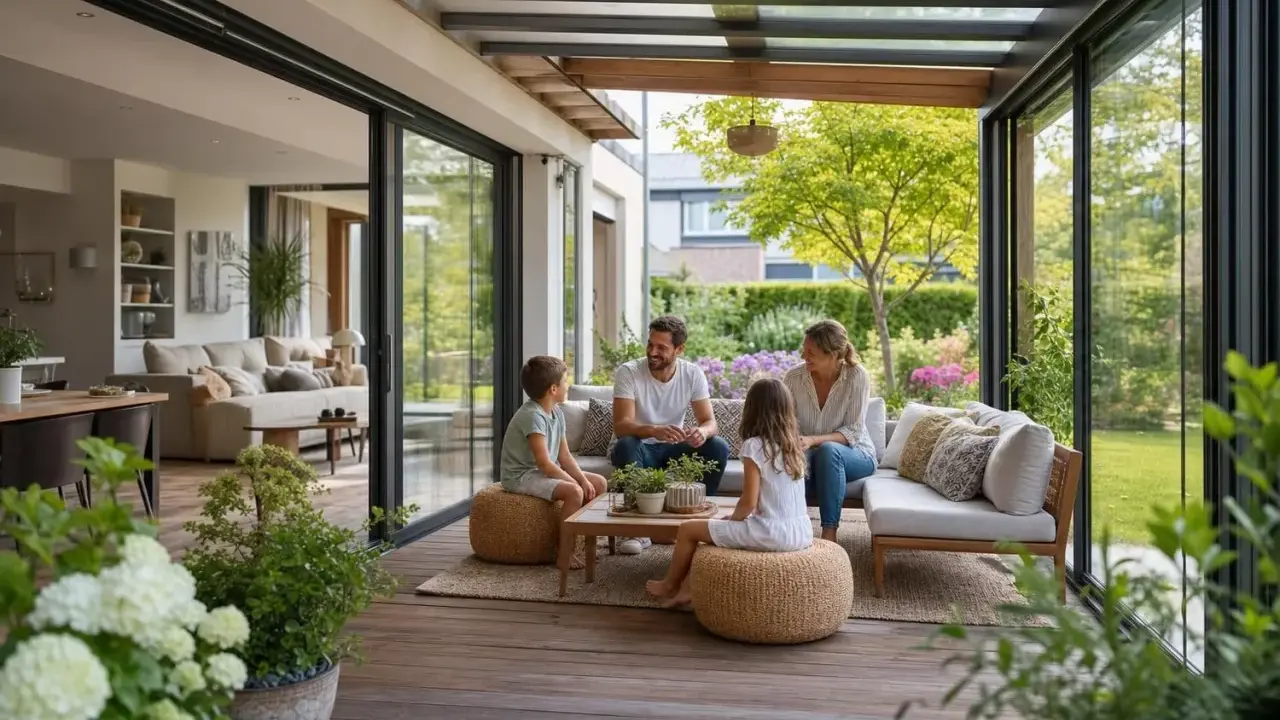 Famille détendue sur une veranda moderne. Une extension qui pourrait influencer la taxe foncière, mais qui offre un espace de vie agréable.