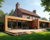 Un agrandissement de chalet bois moderne avec de grandes baies vitrées et une terrasse en bois, contrastant avec la brique ancienne de la maison.