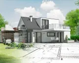 Vue d'une maison en cours d'agrandissement, mêlant esquisse et rendu 3D. Le projet d'extension maison ancienne prend forme sur des plans architecturaux.