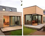 Extension maison rapide avec bardage bois et grandes baies vitrées. Une terrasse en bois prolonge l'espace de vie vers le jardin.