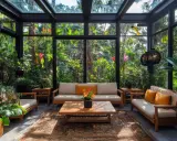 Un salon confortable dans un jardin d'hiver ancien, entouré d'une végétation luxuriante et de fleurs tropicales.