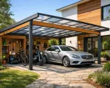 Carport moderne avec toit vitré, abritant une voiture argentée, une moto et un vélo.