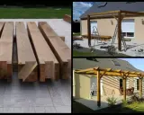 Les poutres de bois sont prêtes à construire une pergola. Les étapes de construction sont visibles, de la pose des poteaux à la structure finie.