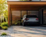 Voiture grise garée sous un carport moderne. Pensez à comment déclarer un carport aux impôts pour optimiser votre situation.