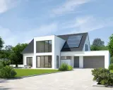Maison moderne avec extension cube, panneaux solaires sur le toit, garage et jardin verdoyant.
