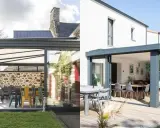 Deux styles de véranda : une avec mur en pierre et mobilier coloré, l'autre moderne avec terrasse en bois et salle à manger. Une veranda loi carrez pour chaque projet.