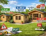 Des abris de jardin en bois de différentes tailles, avec des panneaux indiquant les règles d'urbanisme. Un grand abri nécessite un permis de construire.