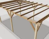 Structure d'une pergola bois fait maison, en cours de construction, avec poteaux et poutres apparents.