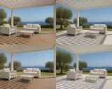 Quatre vues d'une pergola blanche avec salon extérieur, offrant une vue sur la mer. Idéal pour fermer une pergola et profiter de l'extérieur.