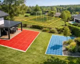 Une pergola sans emprise au sol, avec des zones colorées sur la pelouse, suggère un espace extérieur moderne et personnalisable.