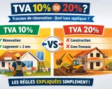 Illustration comparant la TVA 10% pour rénovation (peintre devant une maison) et la TVA 20% pour construction (pelleteuse sur un chantier).