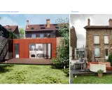 Comparaison avant/après d'une extension maison meulière. Le projet propose une façade moderne en brique rouge et de grandes baies vitrées.
