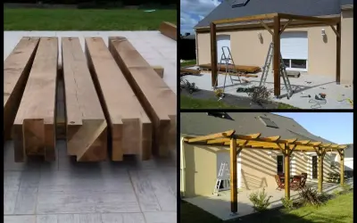 Les poutres de bois sont prêtes à construire une pergola. Les étapes de construction sont visibles, de la pose des poteaux à la structure finie.
